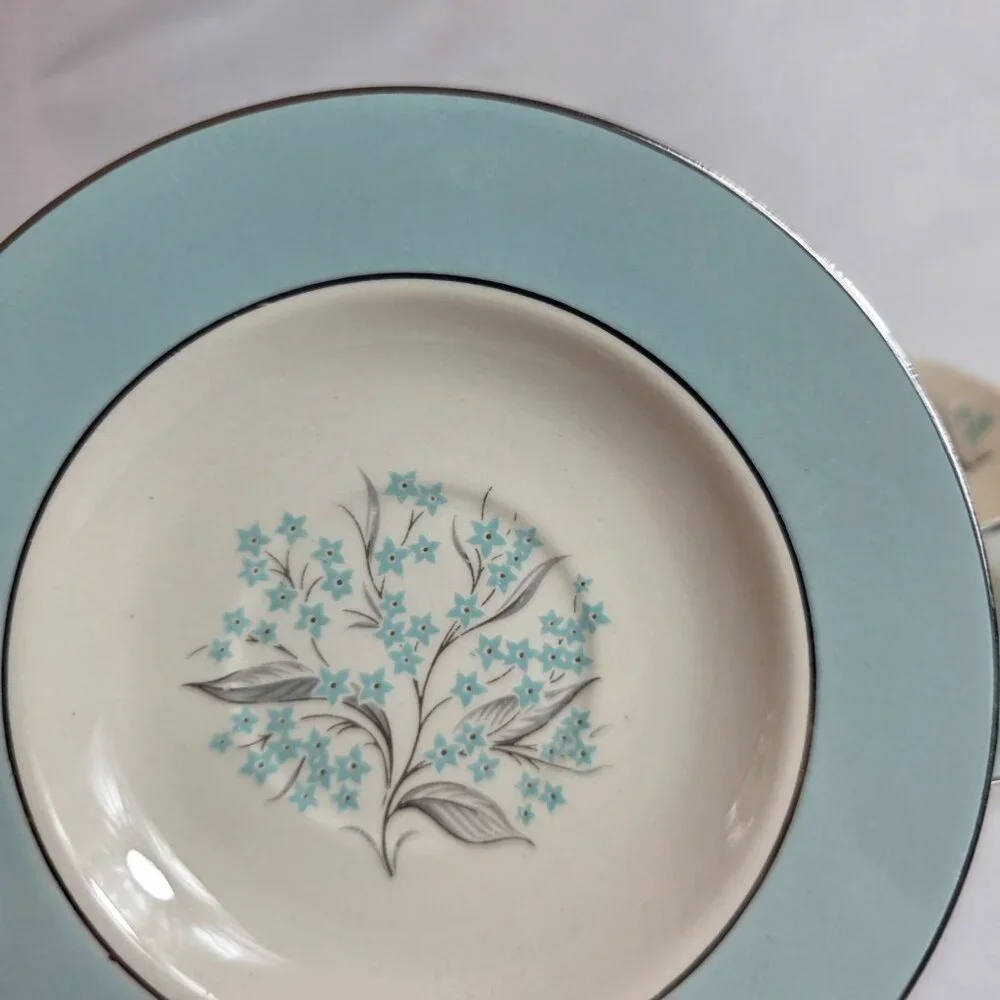 Sevron Blue Lace Gravy Cup & Saucer Sets Floral Center Aqua Blue Border